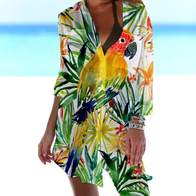 3.Women's Summer Hawaiian Parrot 3D Print Blouse – Long Sleeve Mid-Length Button-Up Beach Shirt with Pockets