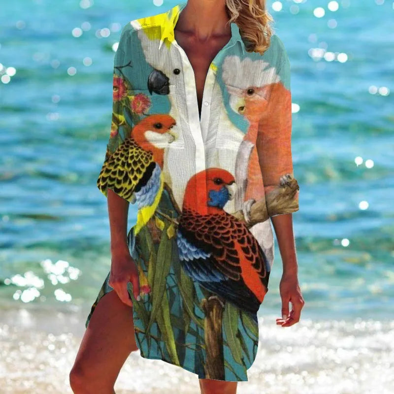 3.Women's Summer Hawaiian Parrot 3D Print Blouse – Long Sleeve Mid-Length Button-Up Beach Shirt with Pockets