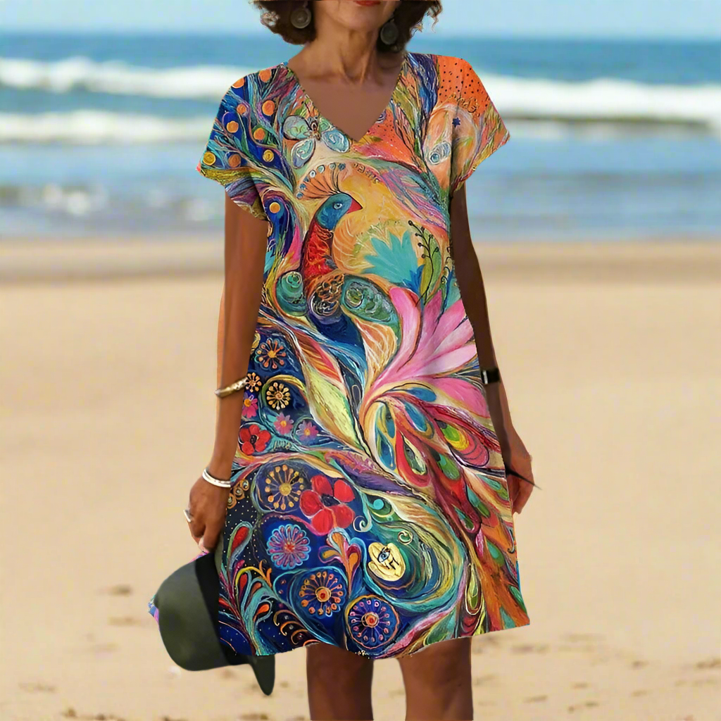 Women's Vintage V-Neck Short Sleeve Loose Oversized Dresses