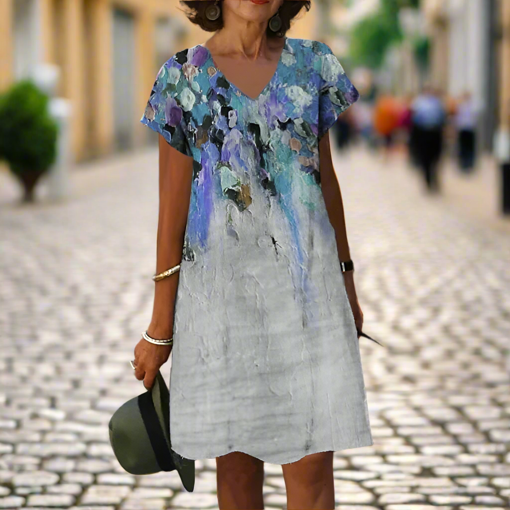 Women's Vintage V-Neck Short Sleeve Loose Oversized Dresses