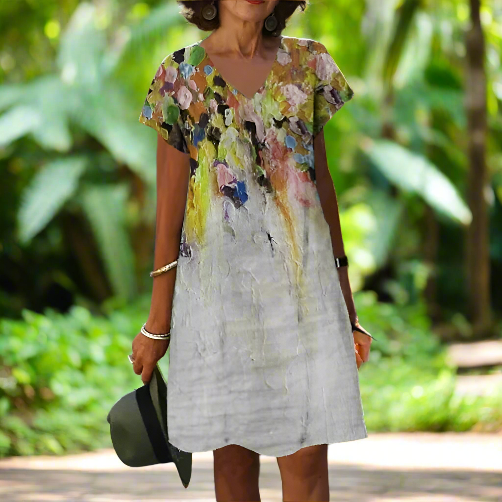 Women's Vintage V-Neck Short Sleeve Loose Oversized Dresses