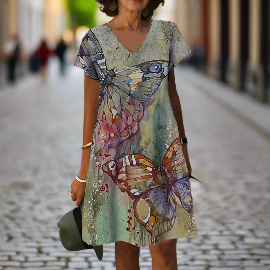 Women's Vintage V-Neck Short Sleeve Loose Oversized Dresses