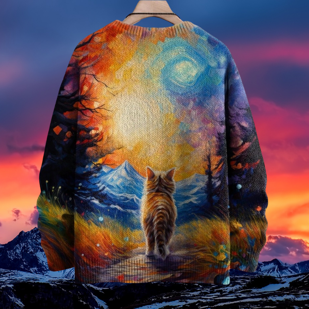 Unisex Casual Sweater with 3D Cat Oil Painting Designs
