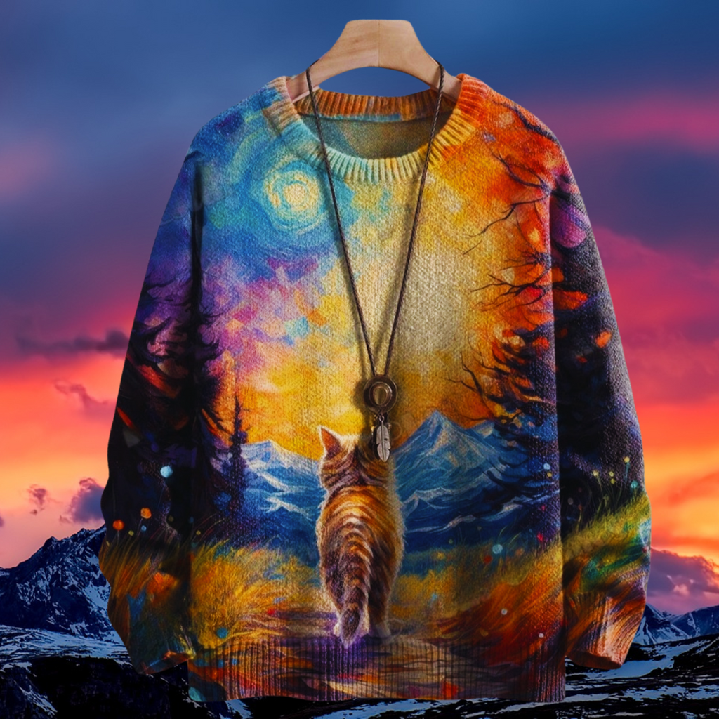 Unisex Casual Sweater with 3D Cat Oil Painting Designs