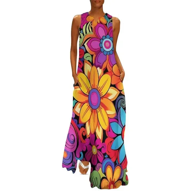 Floral Print Summer Maxi Sleeveless Dresses (Plus Sizes up to 3XL)