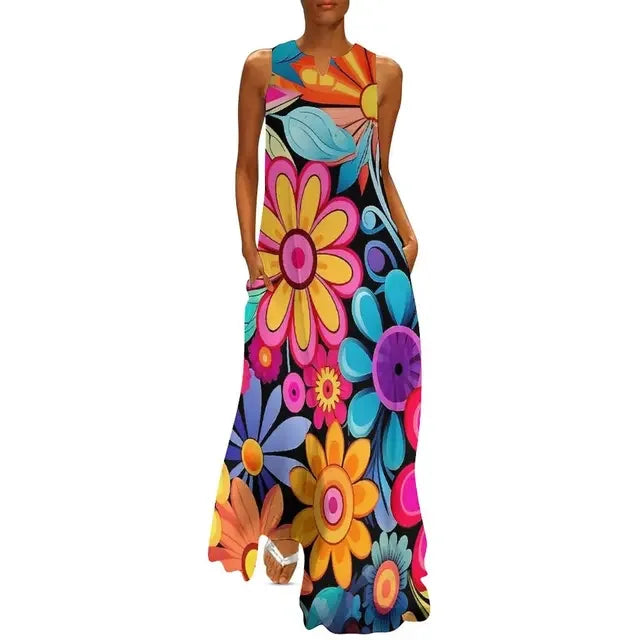 Floral Print Summer Maxi Sleeveless Dresses (Plus Sizes up to 3XL)