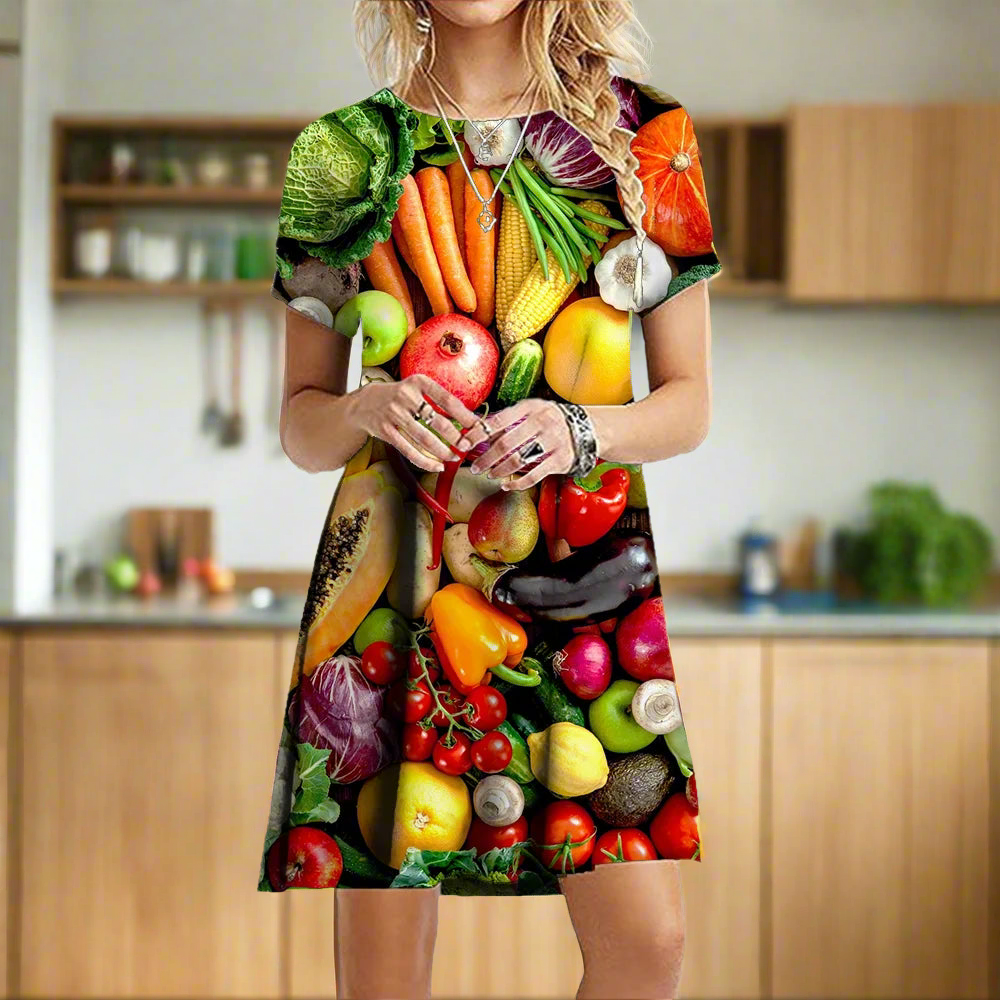 1.Women's 3D Fruit and Vegetable Print Short Sleeve Casual Mini Dresses (Plus Size Included)