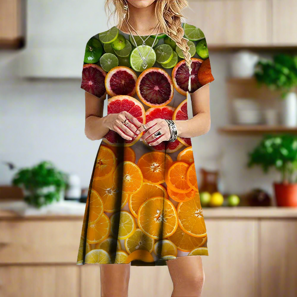 2.Women's 3D Fruit and Vegetable Print Short Sleeve Casual Mini Dresses (Plus Size Included)