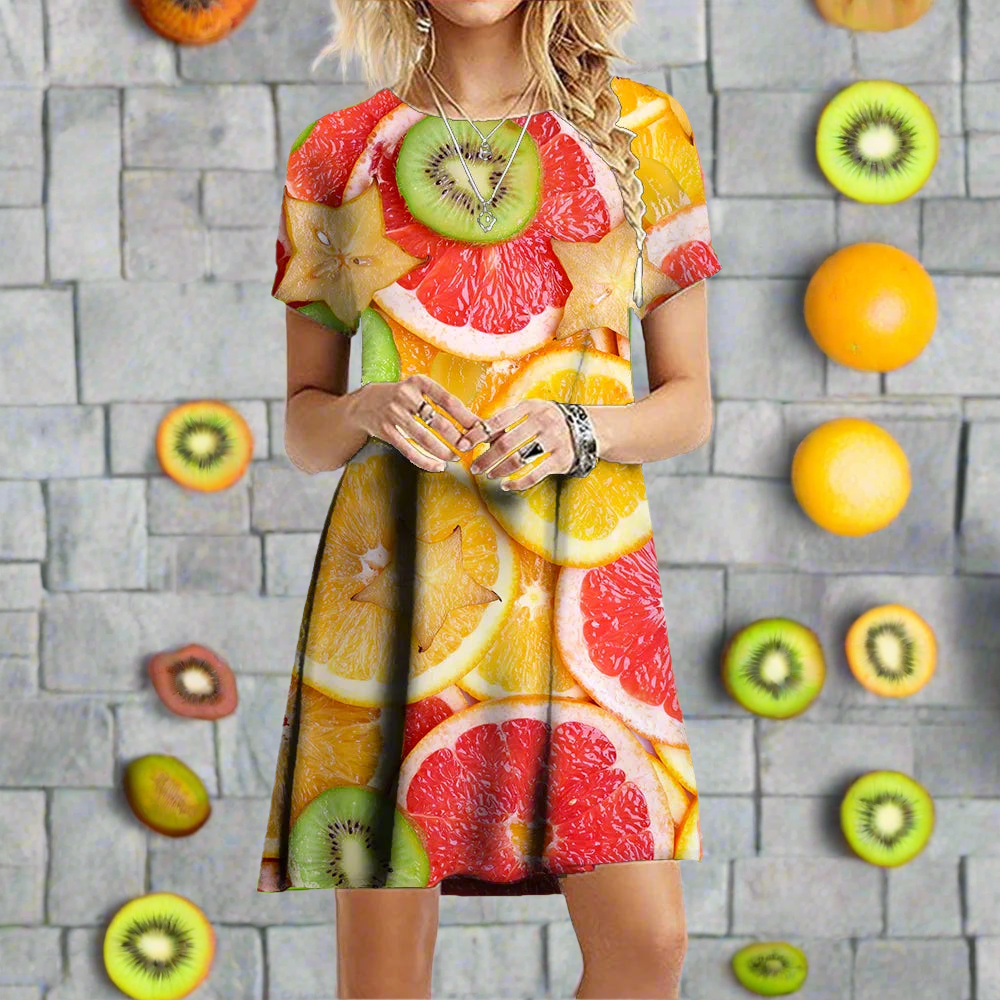 2.Women's 3D Fruit and Vegetable Print Short Sleeve Casual Mini Dresses (Plus Size Included)