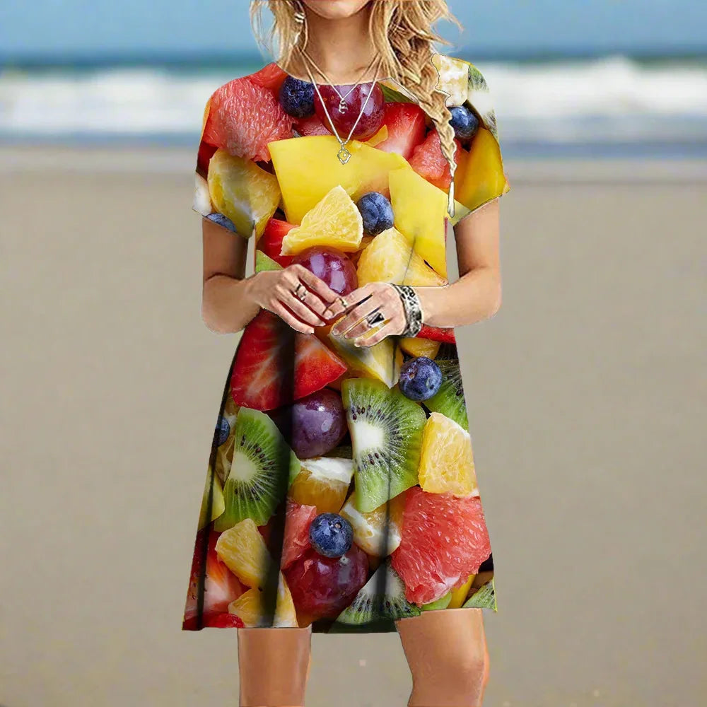2.Women's 3D Fruit and Vegetable Print Short Sleeve Casual Mini Dresses (Plus Size Included)