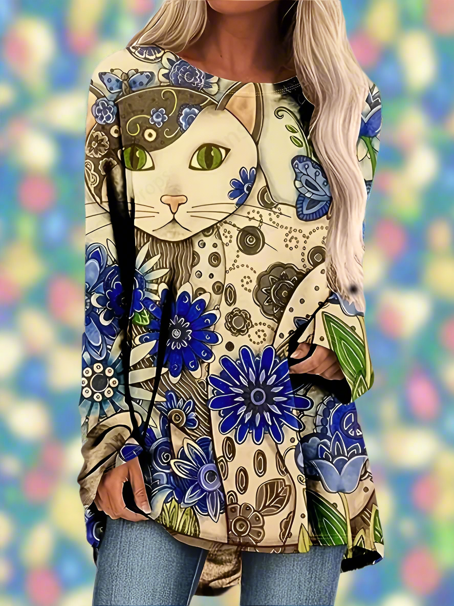 Cat & Rabbit 3D Designs Long Sleeve Tunic Top (S-3XL)