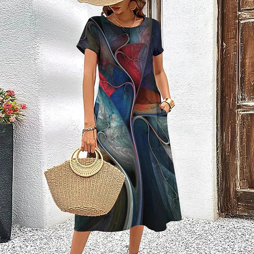 Glossy Paint Strokes Female Short Sleeves A-Line Dress