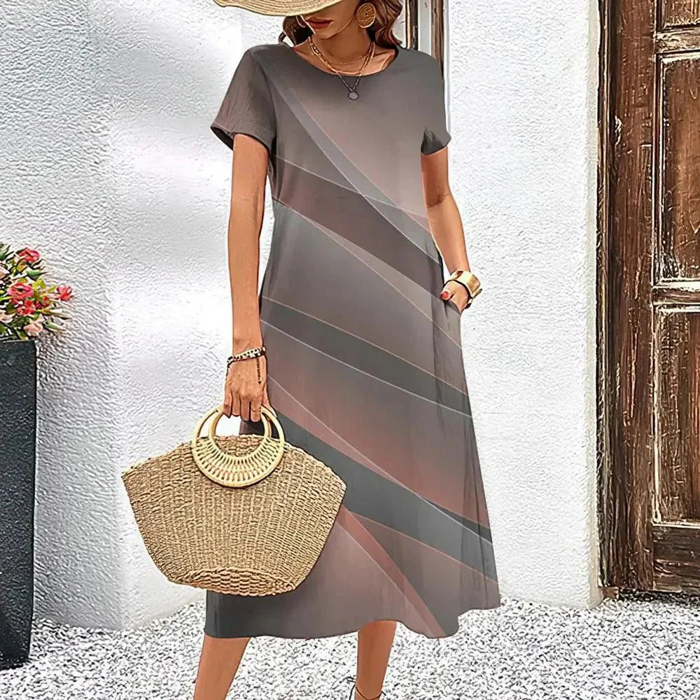 Brown Marbled Female Short Sleeves A-Line Dress