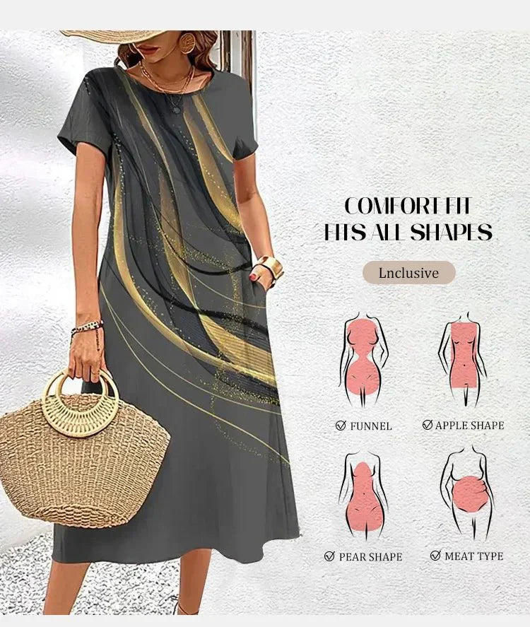 Brown Marbled Female Short Sleeves A-Line Dress