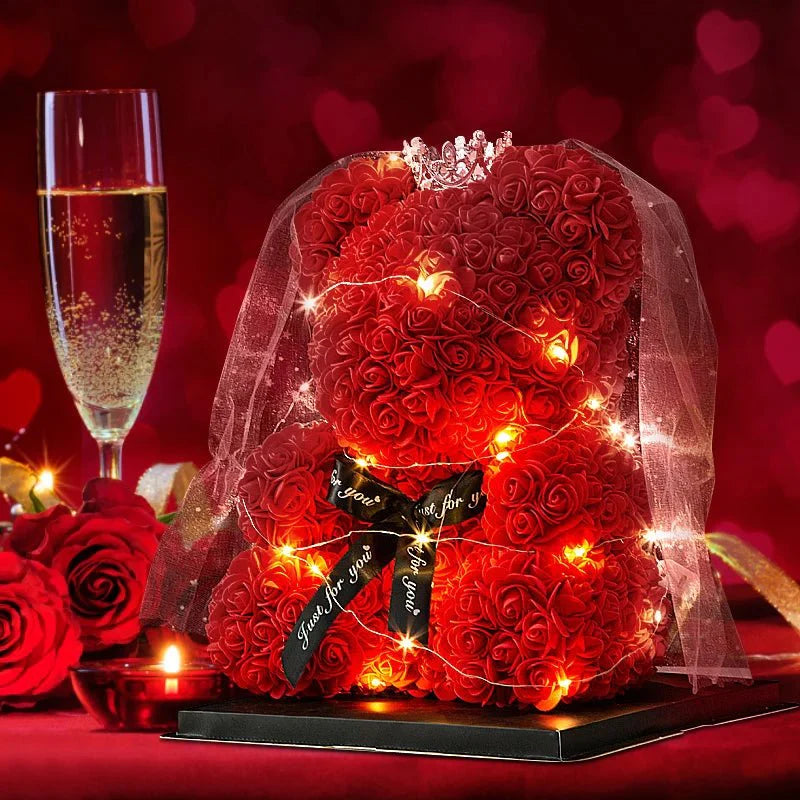 25 & 40cm Rose Teddy Bear With LED Lights In A Clear Box Selection