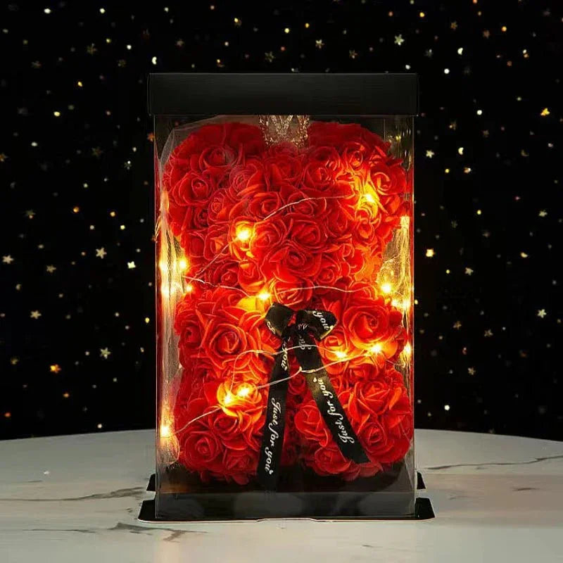 25 & 40cm Rose Teddy Bear With LED Lights In A Clear Box Selection