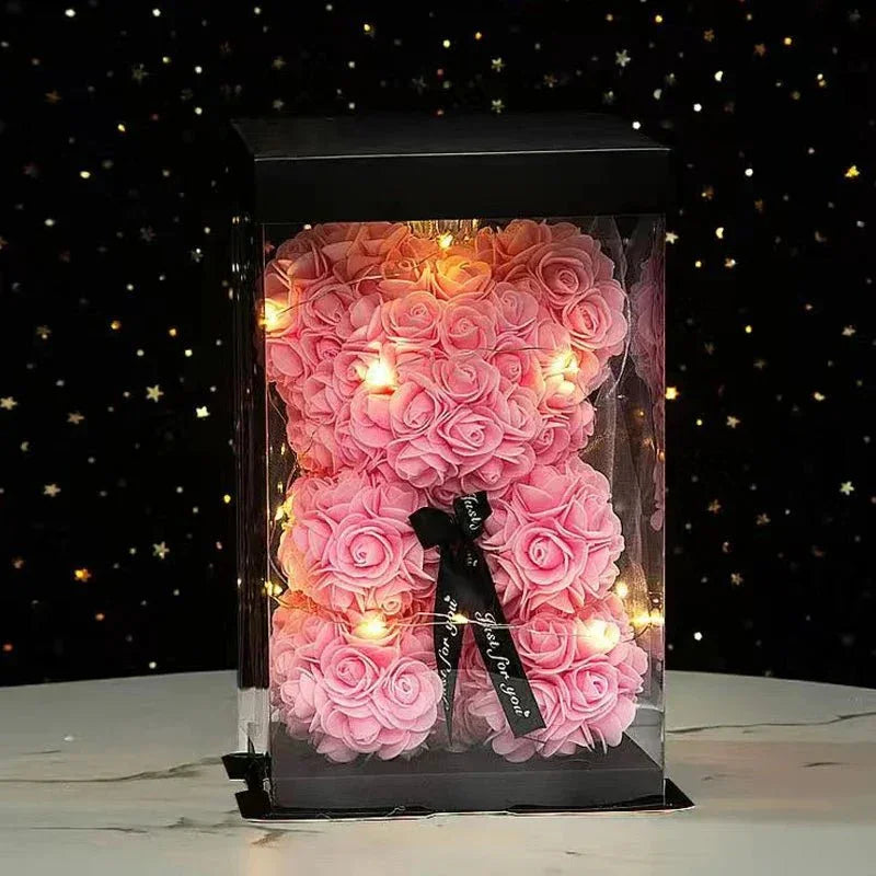 25 & 40cm Rose Teddy Bear With LED Lights In A Clear Box Selection