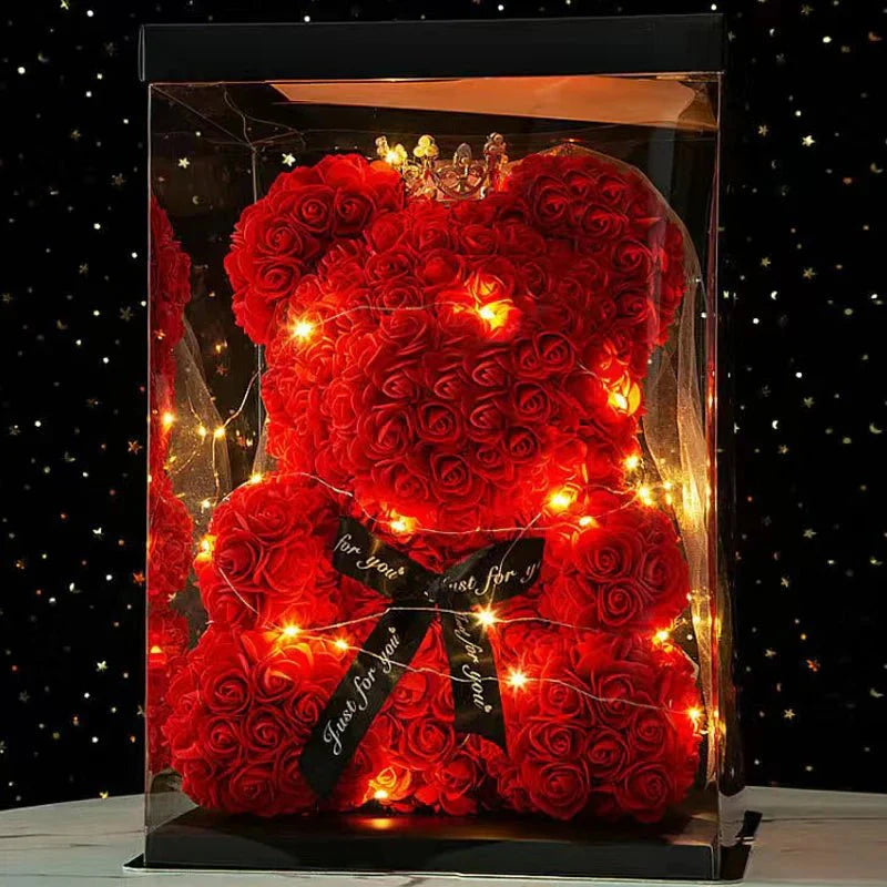 25 & 40cm Rose Teddy Bear With LED Lights In A Clear Box Selection