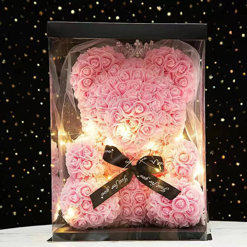25 & 40cm Rose Teddy Bear With LED Lights In A Clear Box Selection