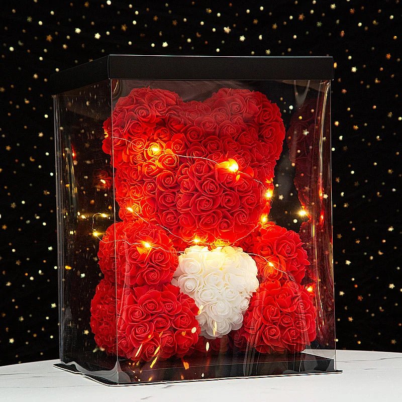 25 & 40cm Rose Teddy Bear With LED Lights In A Clear Box Selection