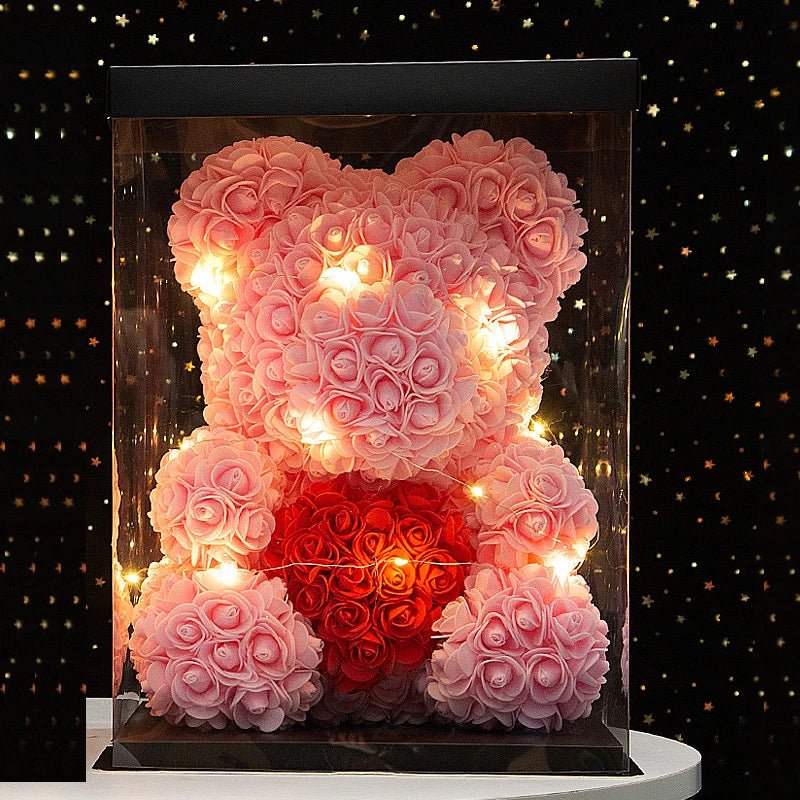 25 & 40cm Rose Teddy Bear With LED Lights In A Clear Box Selection