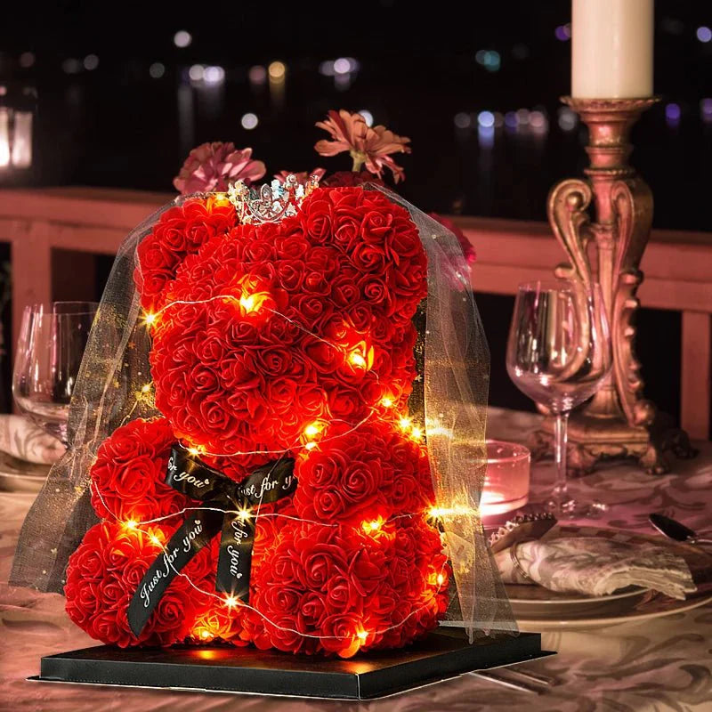 25 & 40cm Rose Teddy Bear With LED Lights In A Clear Box Selection