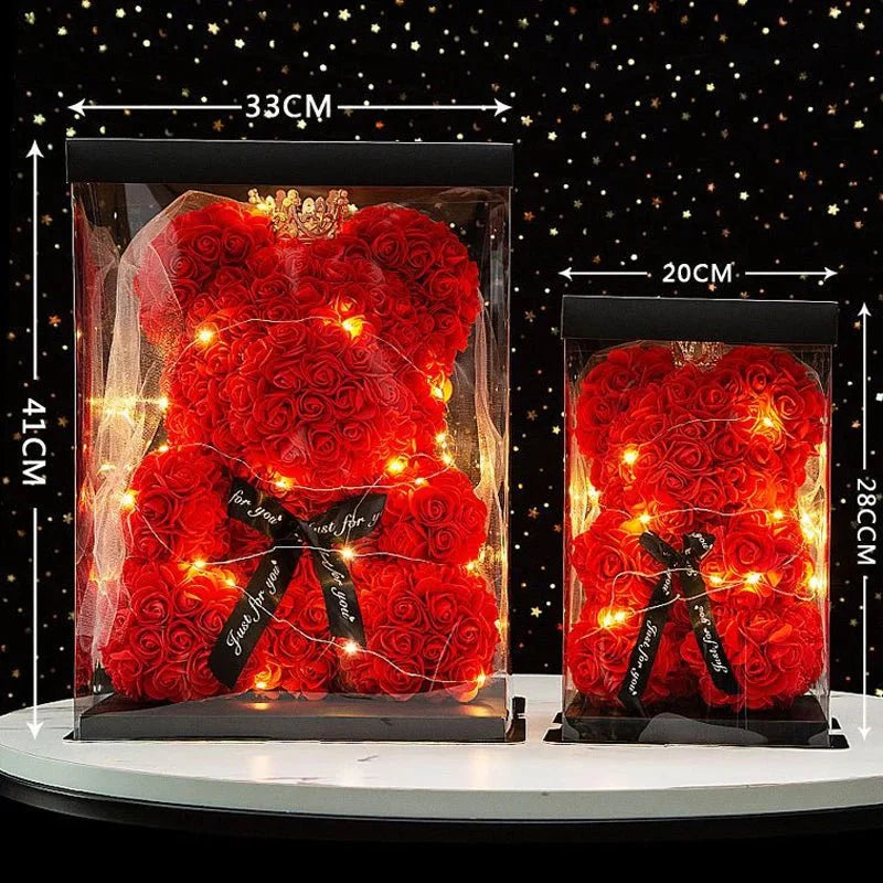 25 & 40cm Rose Teddy Bear With LED Lights In A Clear Box Selection