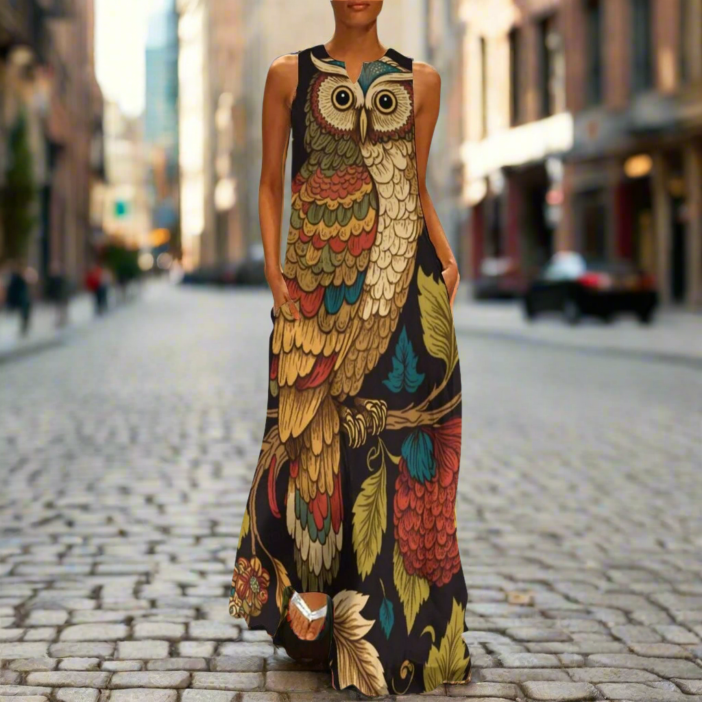 Women's Owl and Peacock Print Long Loose Maxi Dresses - Stylish Animal Fashion (Plus Size Included)