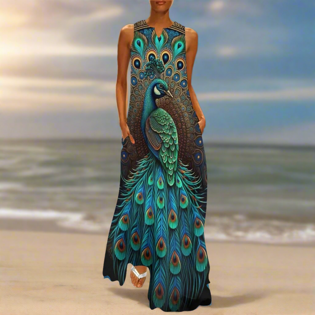 Women's Owl and Peacock Print Long Loose Maxi Dresses - Stylish Animal Fashion (Plus Size Included)