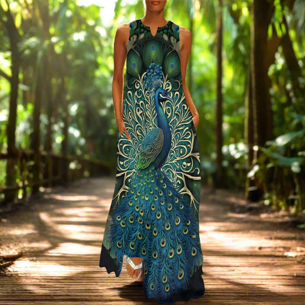 Women's Owl and Peacock Print Long Loose Maxi Dresses - Stylish Animal Fashion (Plus Size Included)