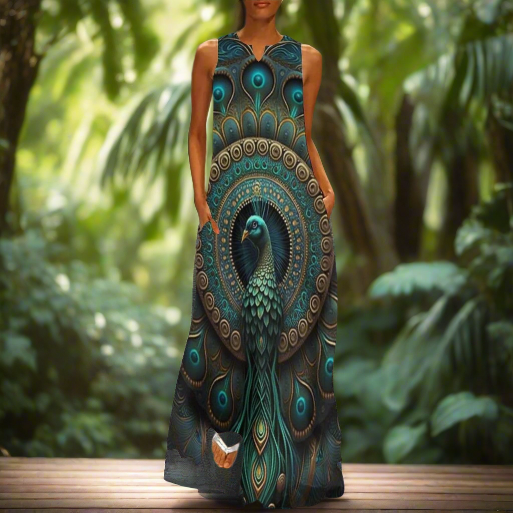 Women's Owl and Peacock Print Long Loose Maxi Dresses - Stylish Animal Fashion (Plus Size Included)