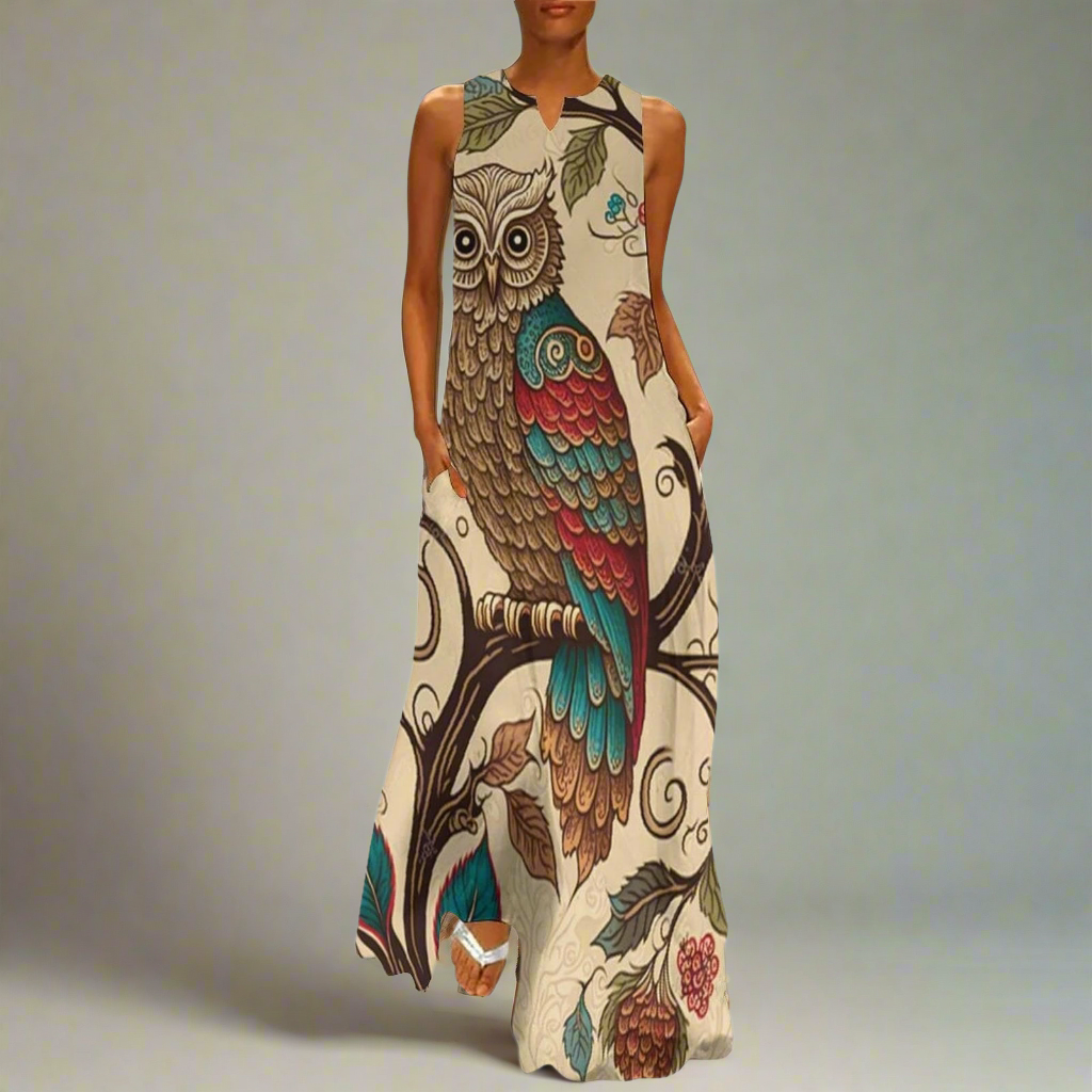 Women's Owl and Peacock Print Long Loose Maxi Dresses - Stylish Animal Fashion (Plus Size Included)