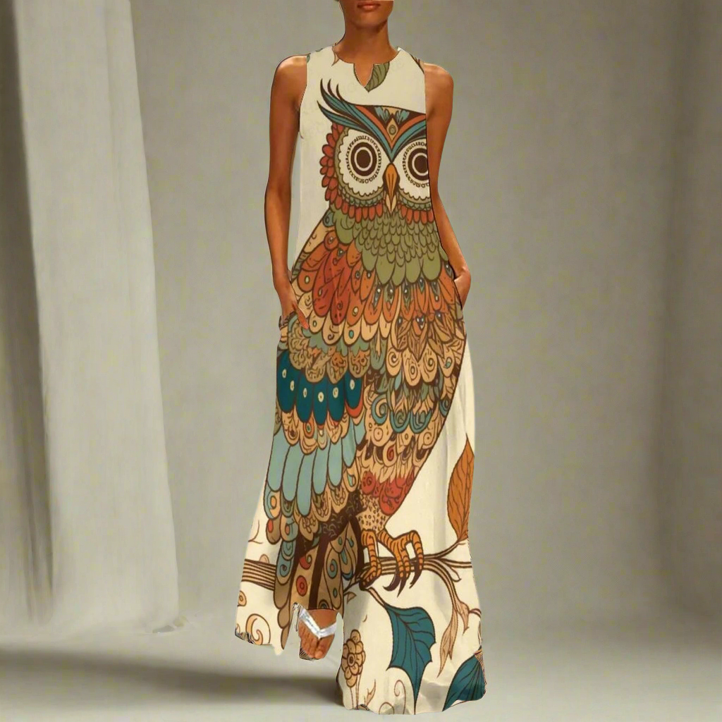 Women's Owl and Peacock Print Long Loose Maxi Dresses - Stylish Animal Fashion (Plus Size Included)
