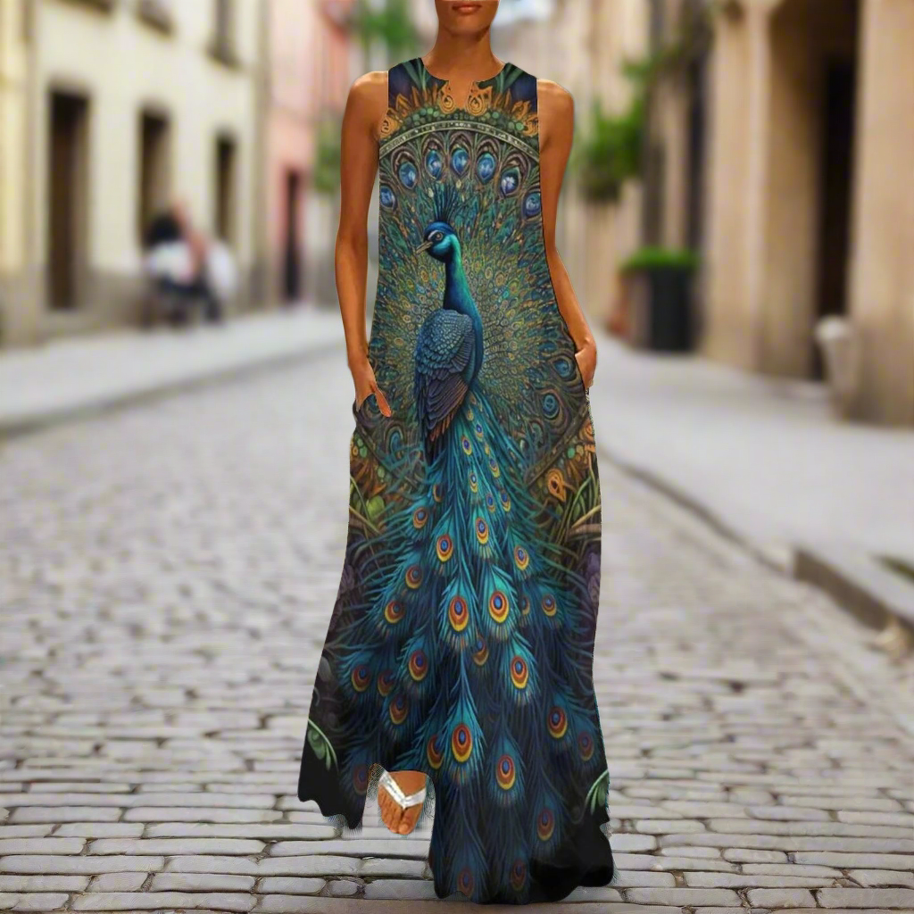 Women's Owl and Peacock Print Long Loose Maxi Dresses - Stylish Animal Fashion (Plus Size Included)