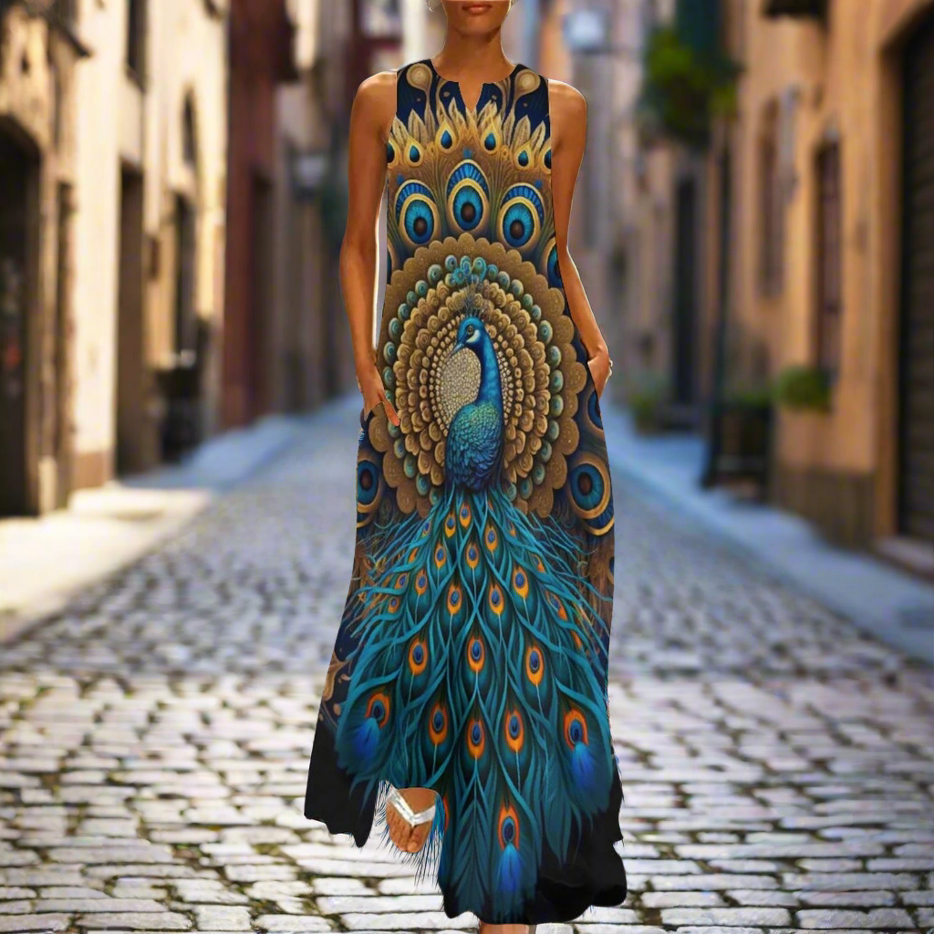 Women's Owl and Peacock Print Long Loose Maxi Dresses - Stylish Animal Fashion (Plus Size Included)