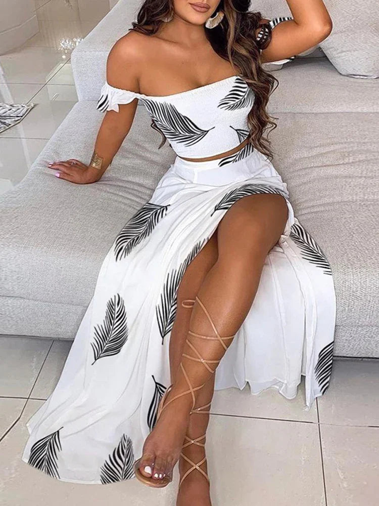 Women's Fashionable Printed Mid-Length Dresses with Coordinated Bra Set (Plus Size available)