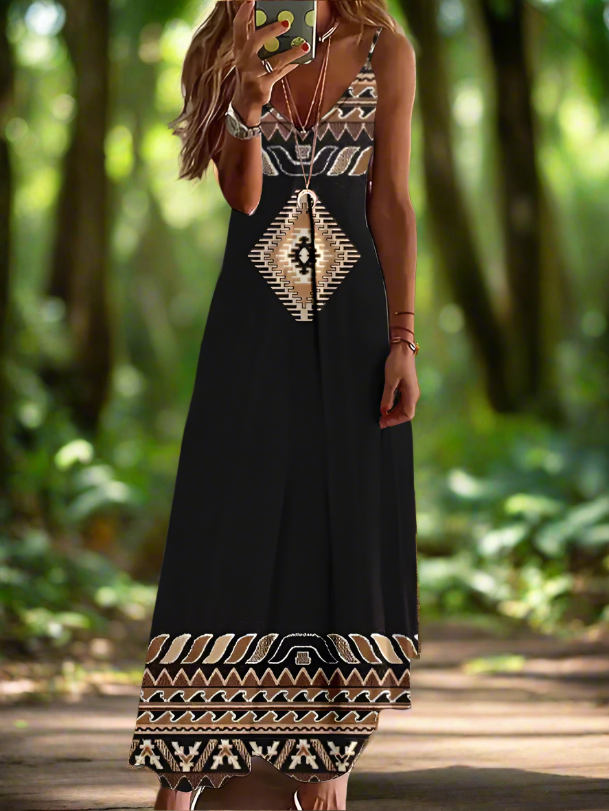Indian Owl Totem Print Sleeveless V-Neck Long Dress Collection for Women