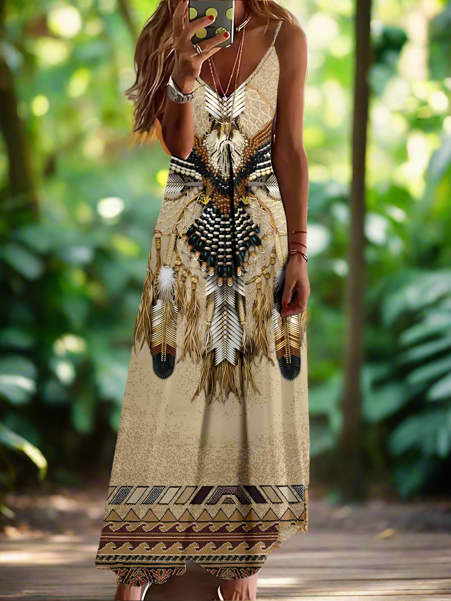 Indian Owl Totem Print Sleeveless V-Neck Long Dress Collection for Women