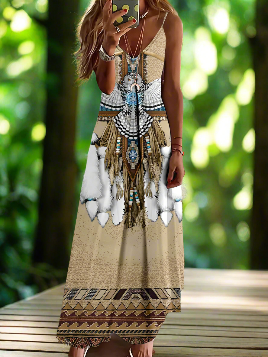 Indian Owl Totem Print Sleeveless V-Neck Long Dress Collection for Women
