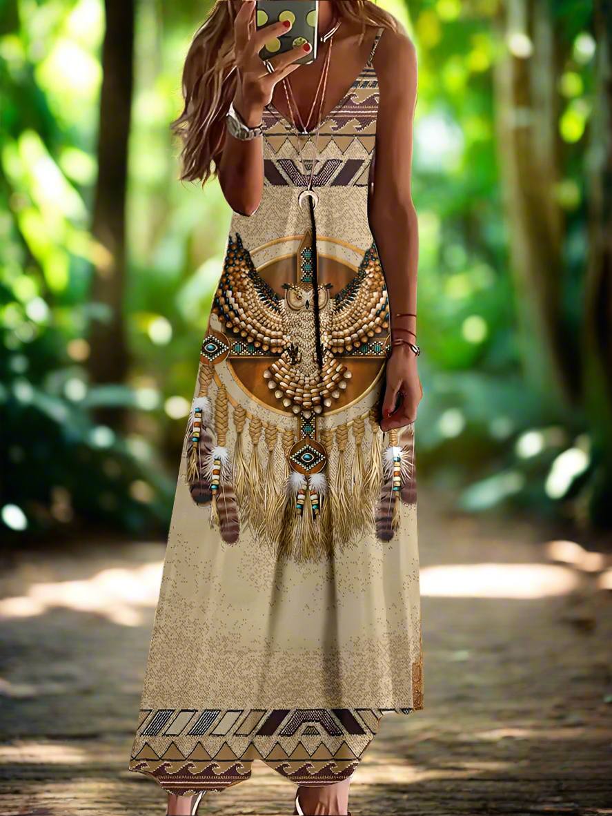 Indian Owl Totem Print Sleeveless V-Neck Long Dress Collection for Women