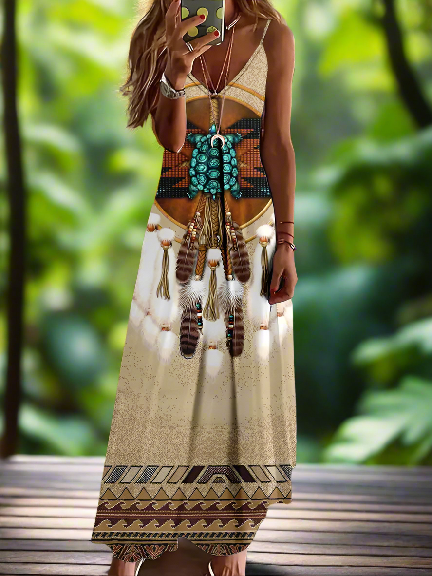Indian Owl Totem Print Sleeveless V-Neck Long Dress Collection for Women