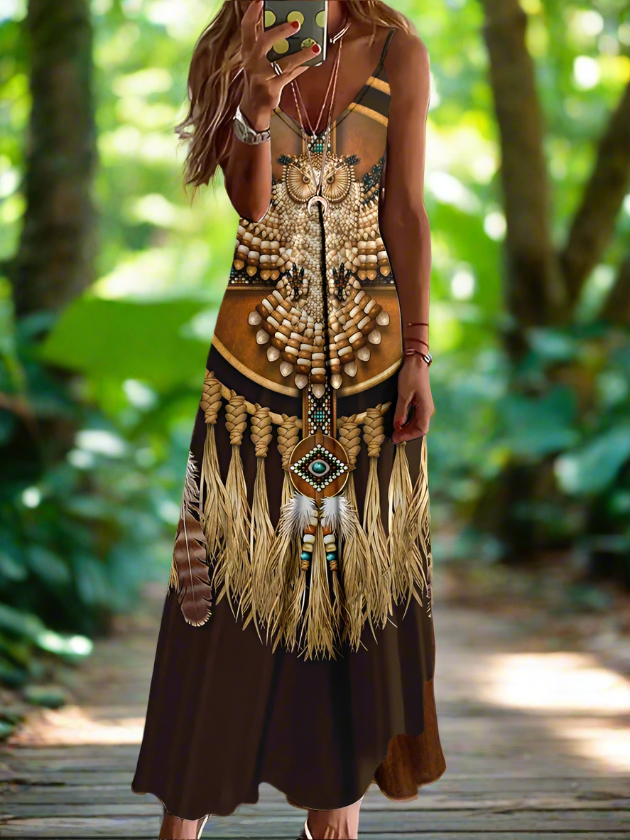 Indian Owl Totem Print Sleeveless V-Neck Long Dress Collection for Women