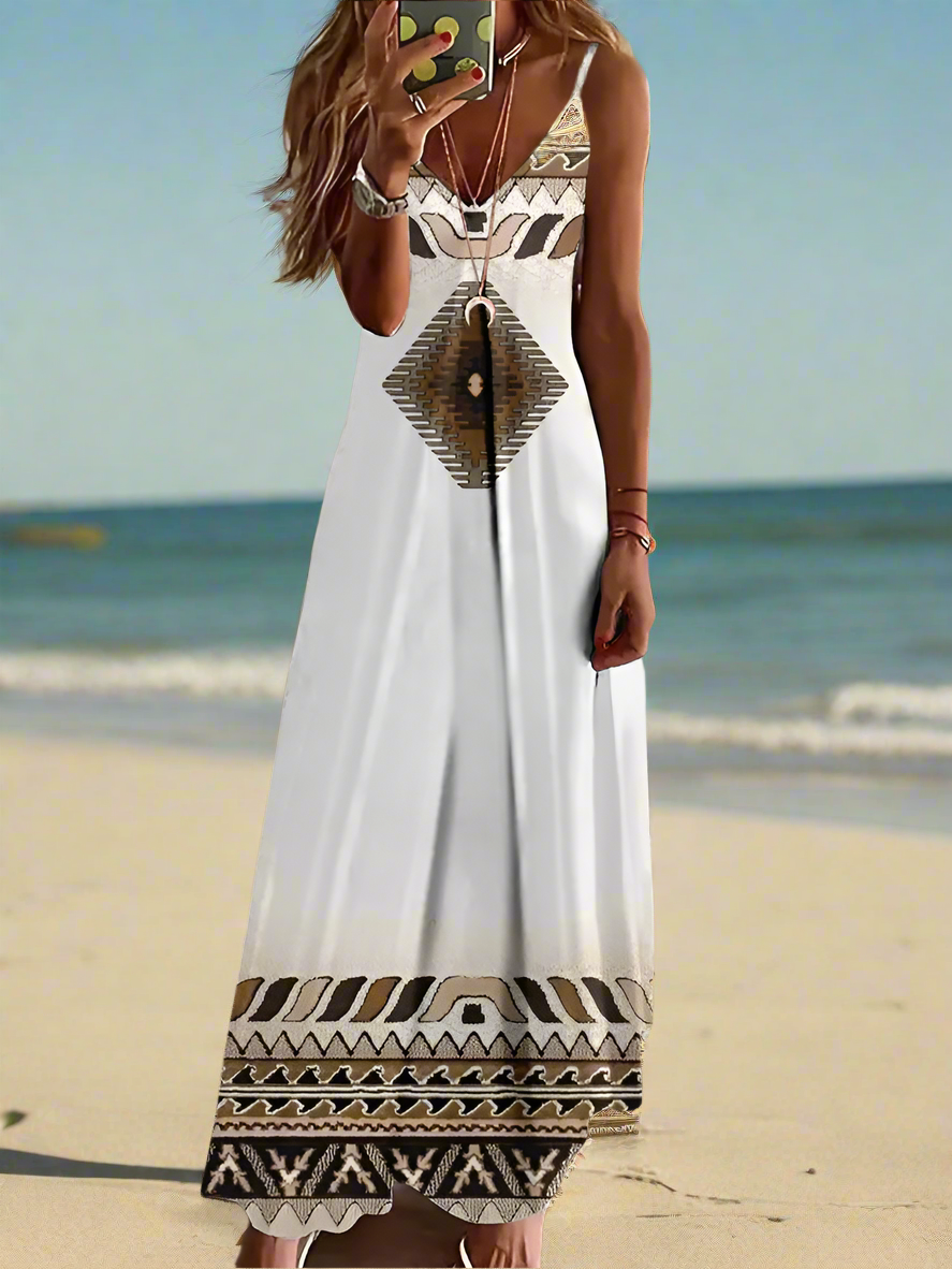 Indian Owl Totem Print Sleeveless V-Neck Long Dress Collection for Women