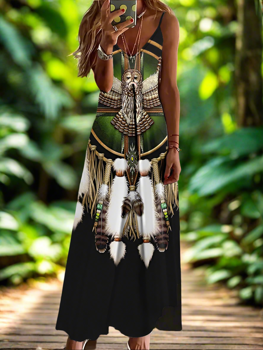Indian Owl Totem Print Sleeveless V-Neck Long Dress Collection for Women