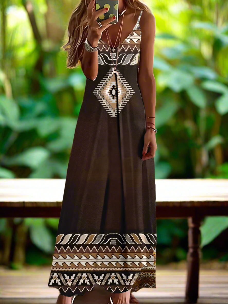 Indian Owl Totem Print Sleeveless V-Neck Long Dress Collection for Women