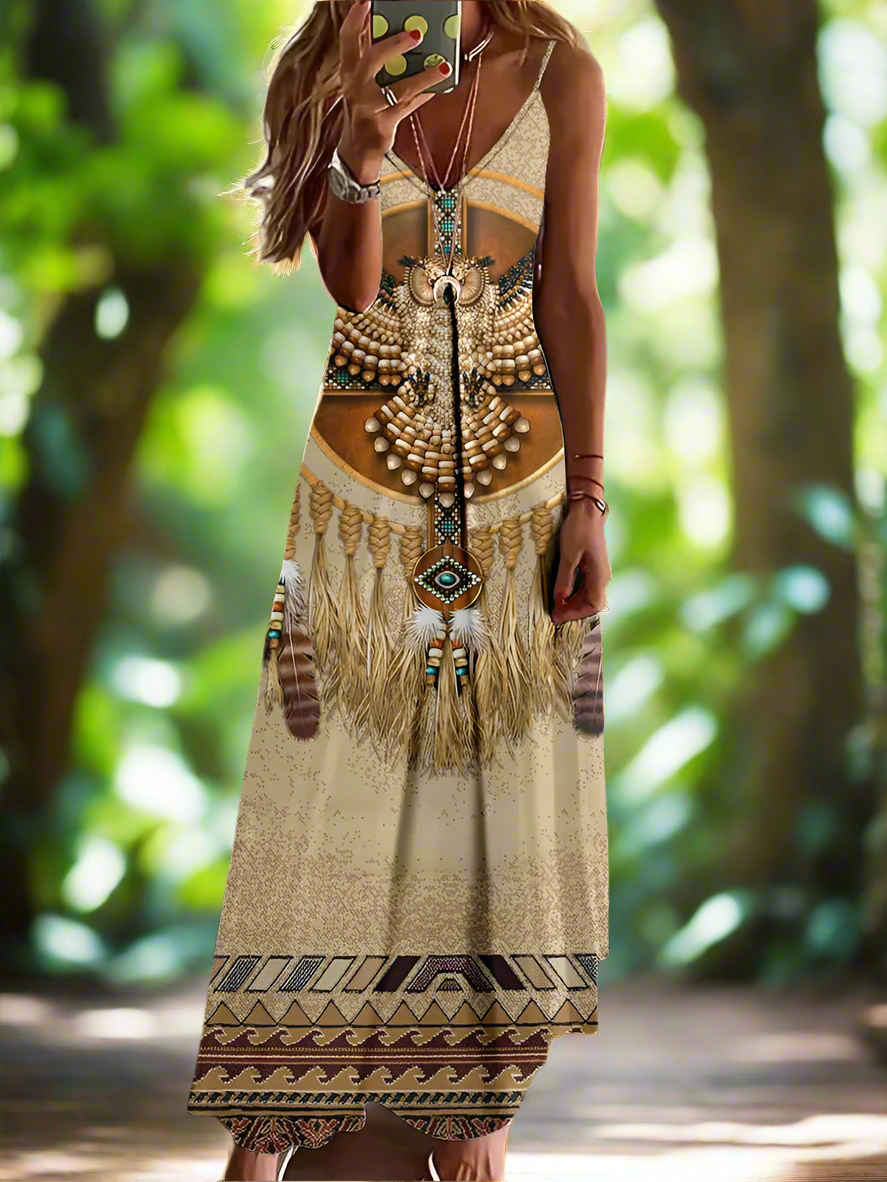 Indian Owl Totem Print Sleeveless V-Neck Long Dress Collection for Women