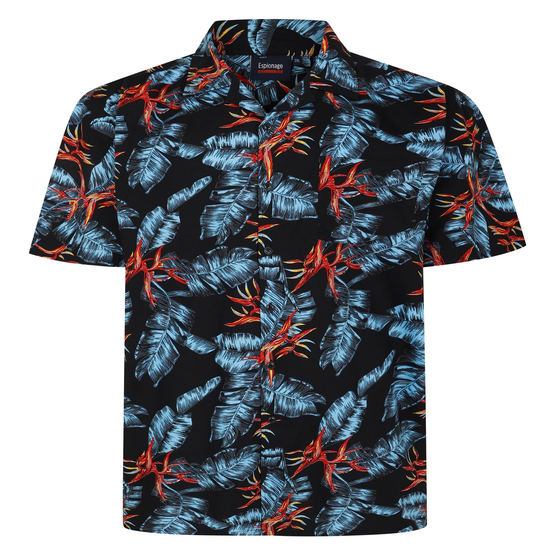 Espionage Short Sleeve Shirt For Men with Leaf Print in Black, 2XL-8XL