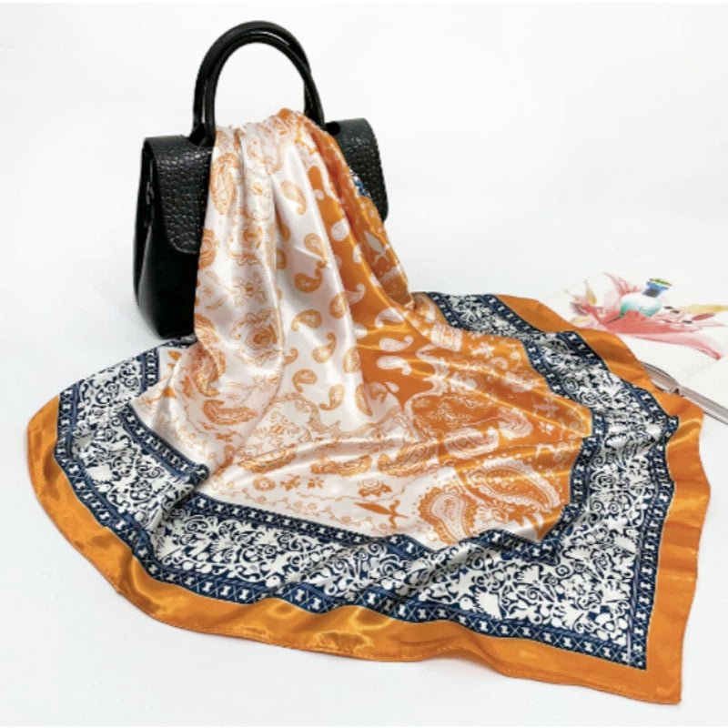 Classic Cashew-patterned Silk Satin Scarf, Printed Headscarf for Women, 90/90cm Square Scarf