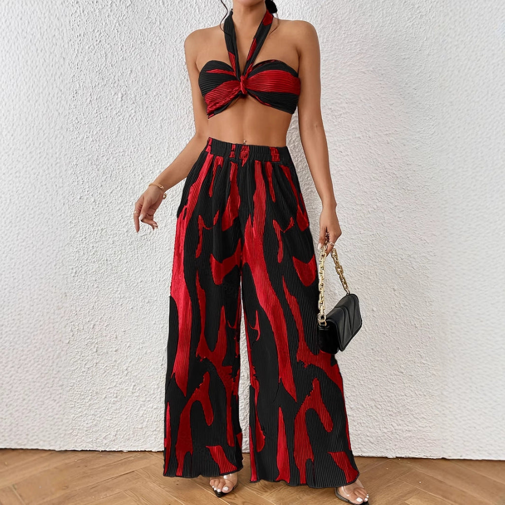 Halter Tube Top & Flame Print Wide-Leg Pants Set – Bold Streetwear 2-Piece Outfit