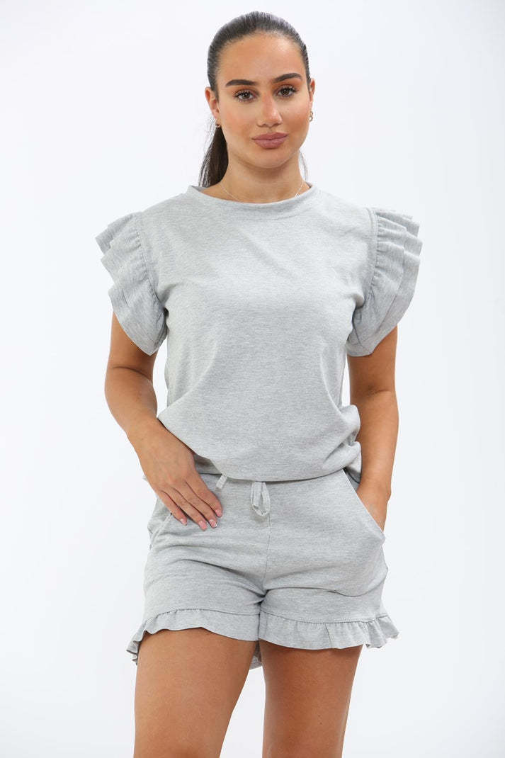 Women's Frill Peplum Sleeve Top & Shorts Set – 2-Piece Casual Tracksuit Outfit